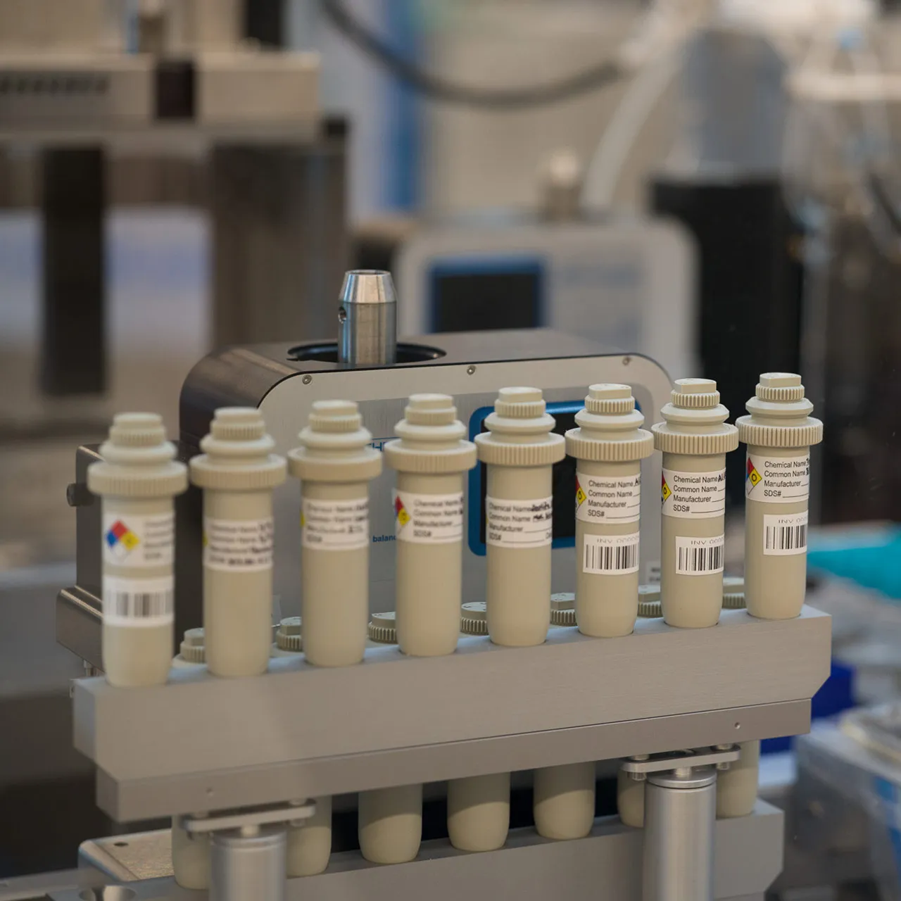 Line of test tubes in the lab.